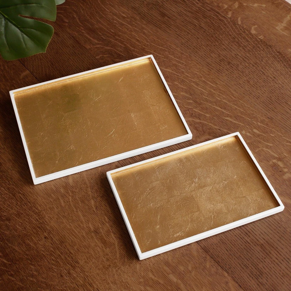 Indochine Rectangle Lacquered Trays Set 2 White Gold - Tray Top View | Bone & Brass