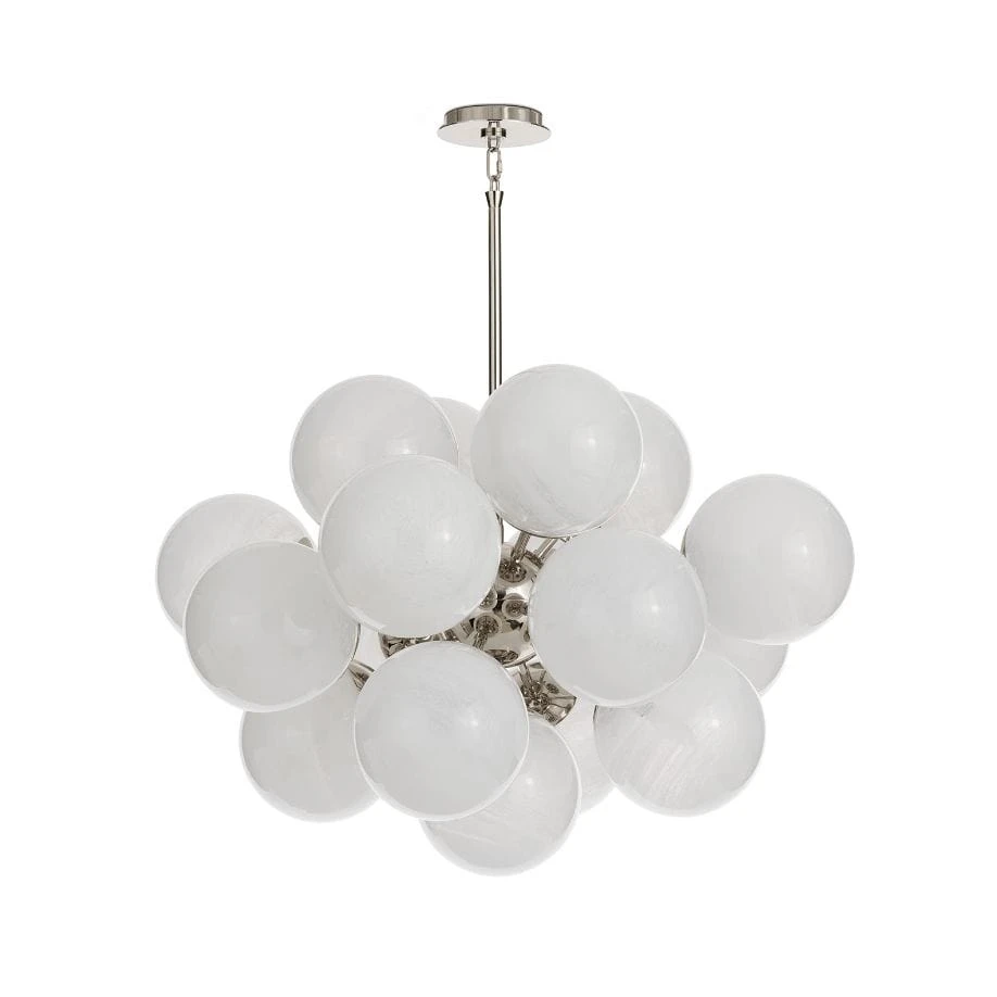 Shine Chandelier with white swirled glass globes and polished nickel frame, 33.75" wide.