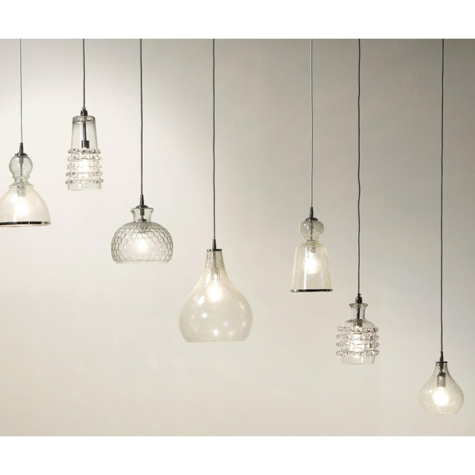 Clear hand-blown glass round ribbon pendant lights with nickel hardware in various shapes and sizes.