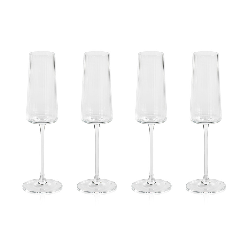 Benji Ribbed Textured Champagne Flutes, Set 4 - Glass Stem Detail | Bone & Brass