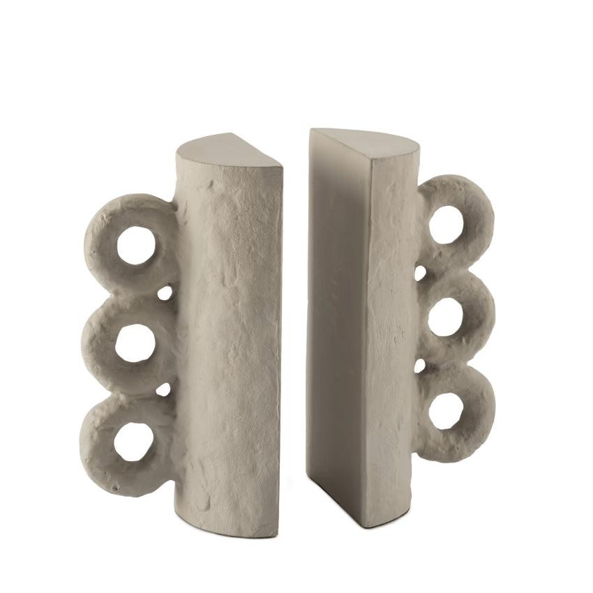 Chandra Bookend Set in matte brown/grey, featuring a textured surface and three decorative rings on each side.