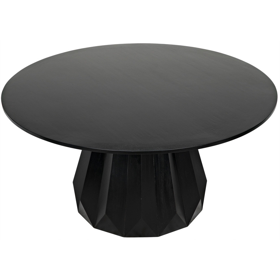 Brosche 60" round mahogany dining table in hand-rubbed black with a flared, scalloped pedestal base.