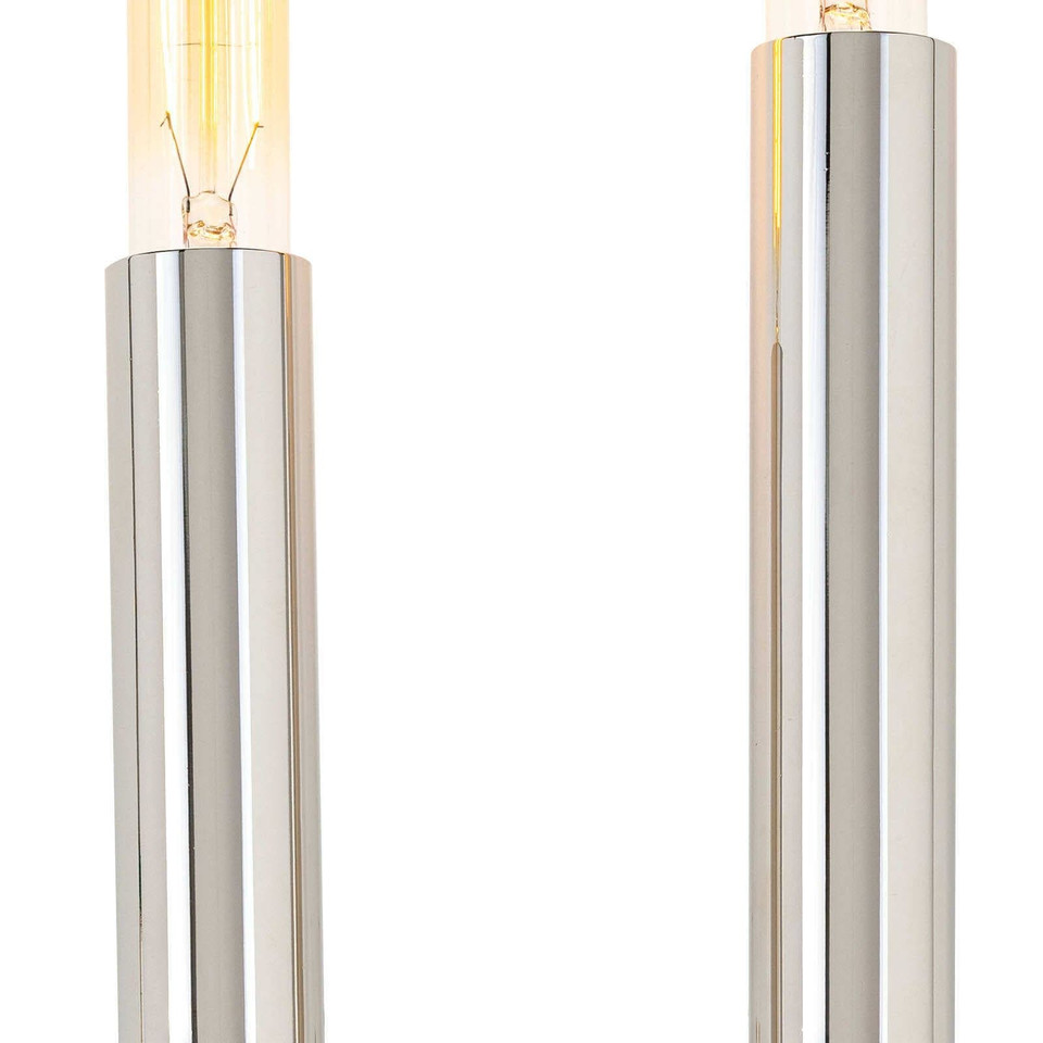 Wolfe Sconce in polished nickel with two exposed T-type bulbs, featuring clean lines and a modern design.