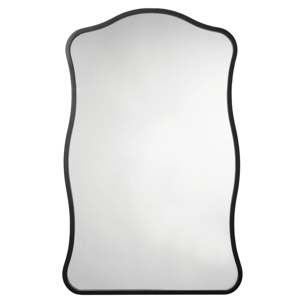 Black Aurora Wavy Wall Mirror with a thin, hand-finished metal frame and unique waved edge.