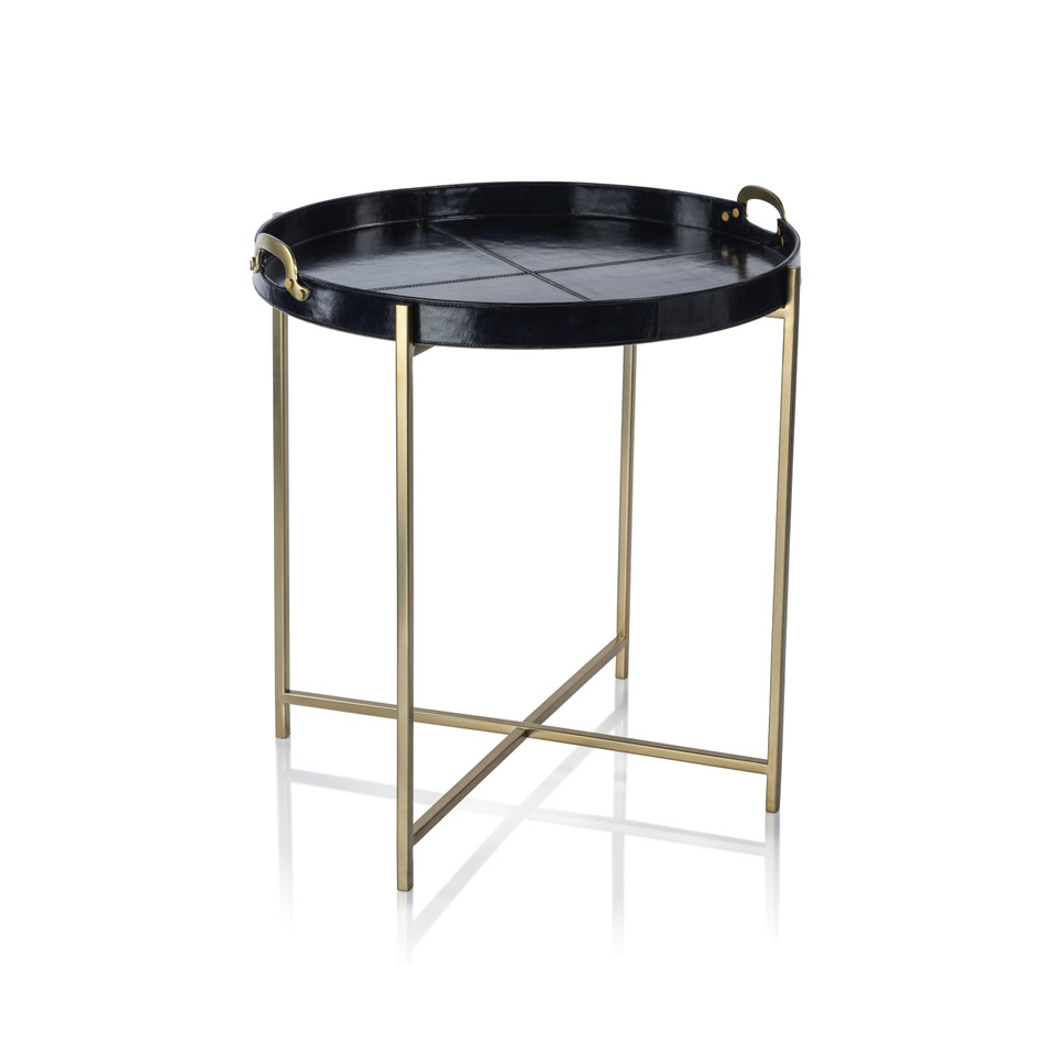 Harlow Blue Leather Round Tray on Brass Stand | Bone & Brass