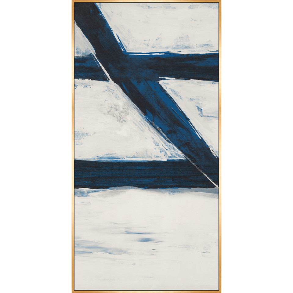 Abstract giclee canvas painting with bold navy blue and white brushstrokes, framed in gold.