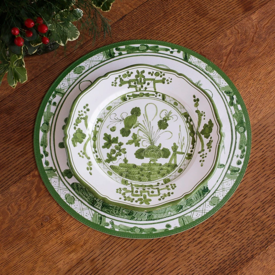 Vida Faenza 11" Dinner Plate Set of 4 White and Green, view 2