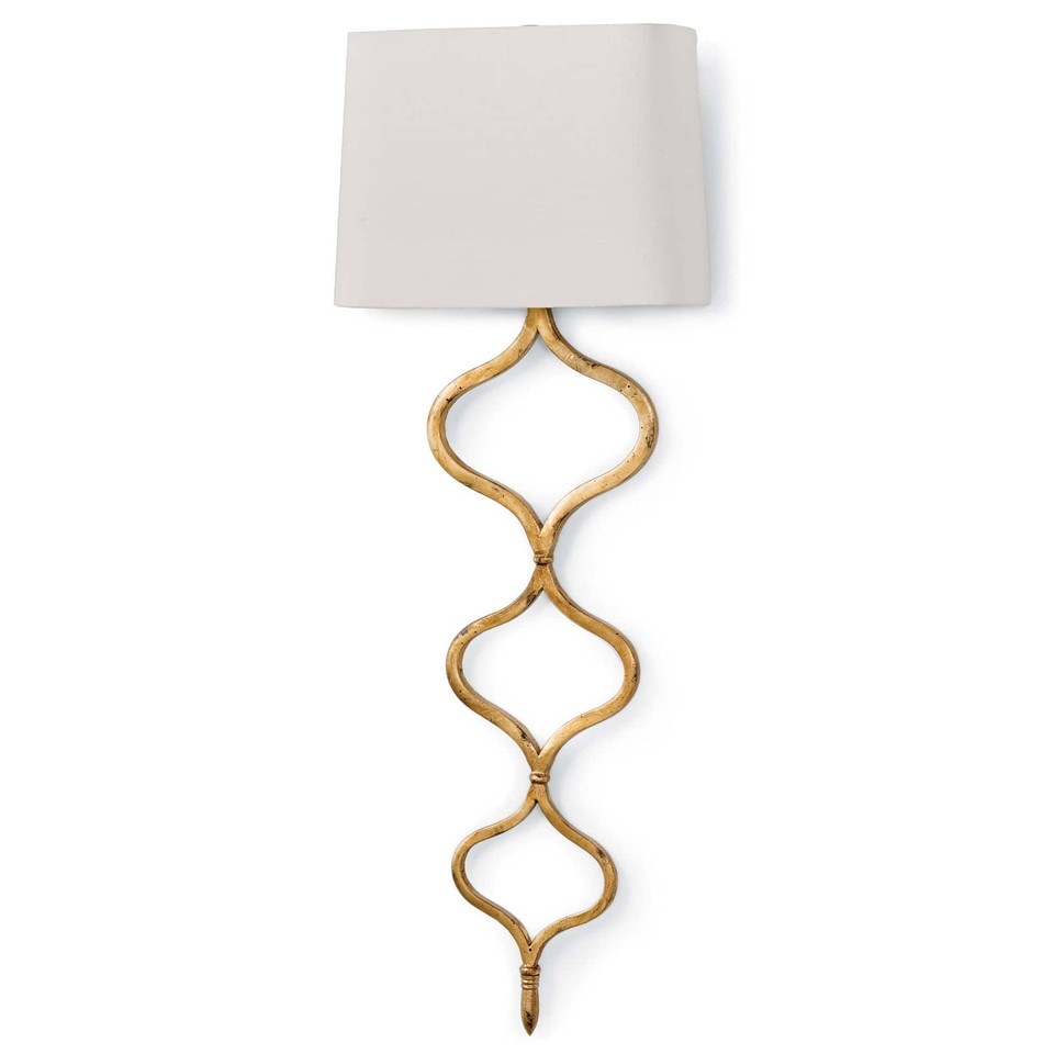 Elegant Sinuous Sconce in gold leaf with a twisting metal pattern and a natural linen shade.
