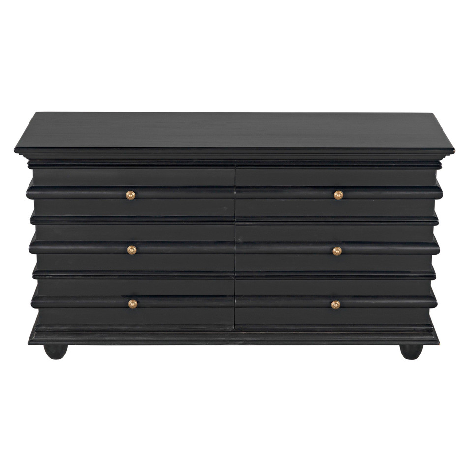 Ascona 6-drawer chest in hand-rubbed black mahogany with brass hardware.