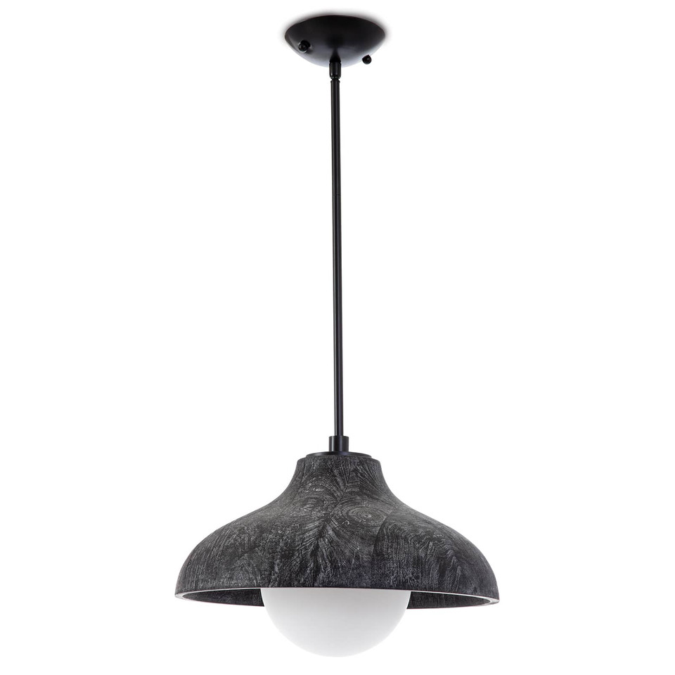 Modern Surfside wood pendant in ebony with a white-washed, limed oak finish and milk glass globe.