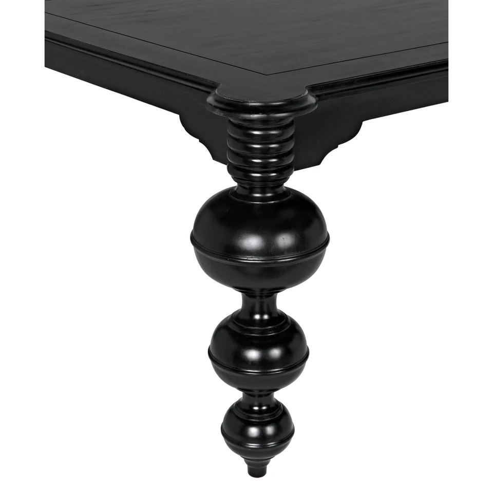 Claudio Rectangle Dining Table: Hand-carved black mahogany table with turned legs and rounded corners.