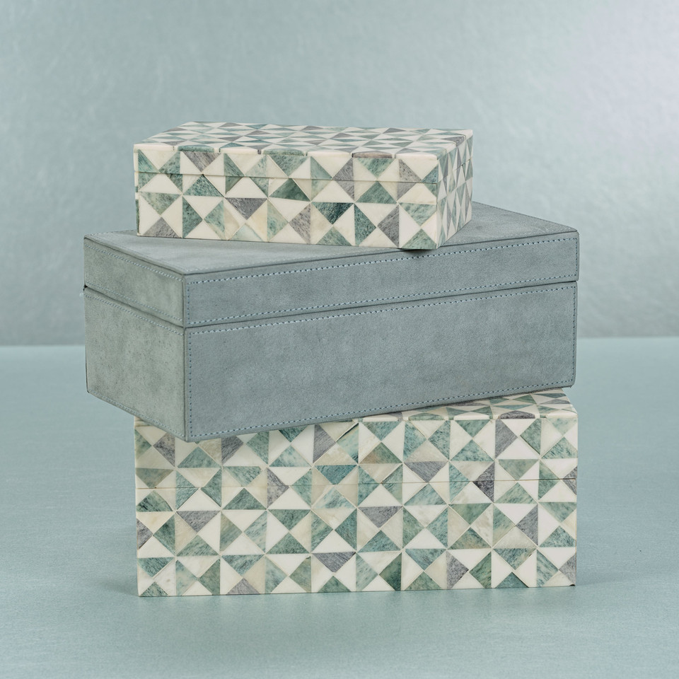 Carpi Slate Blue Suede Decorative Box - Bowl Side View | Bone & Brass