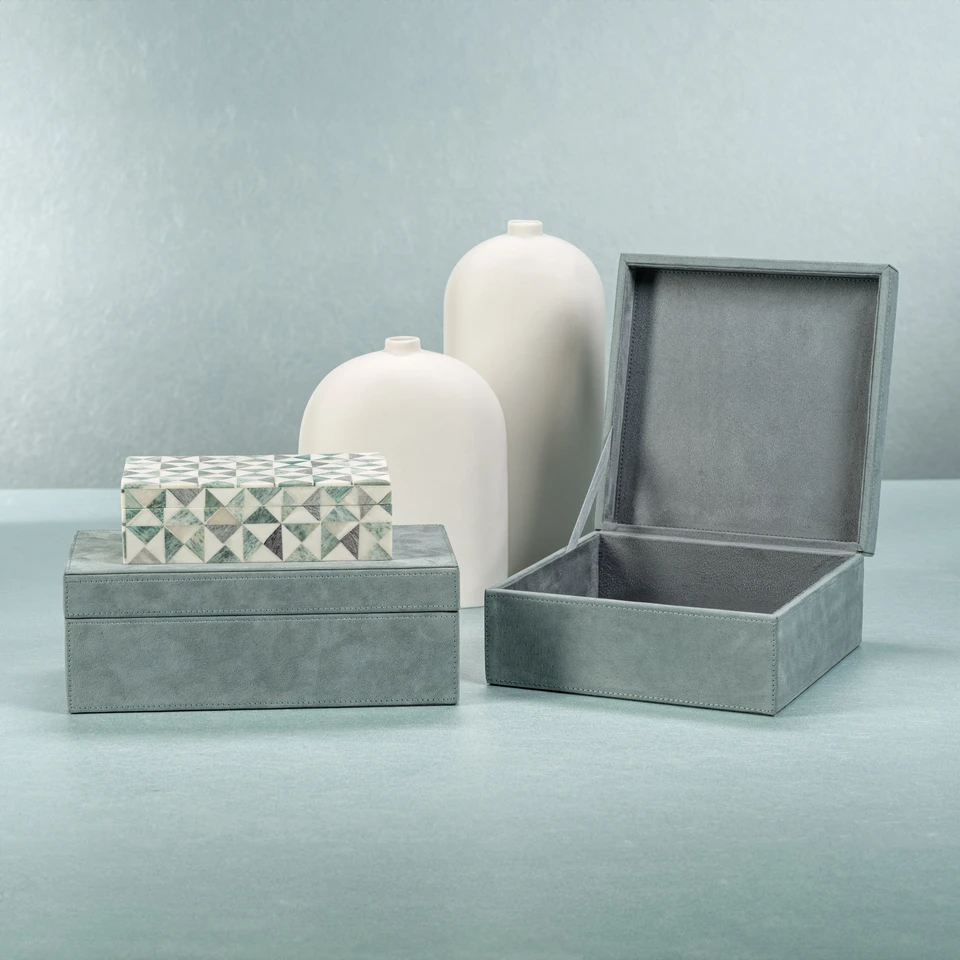 Carpi Slate Blue Suede Decorative Box - Bowl Detail | Bone & Brass