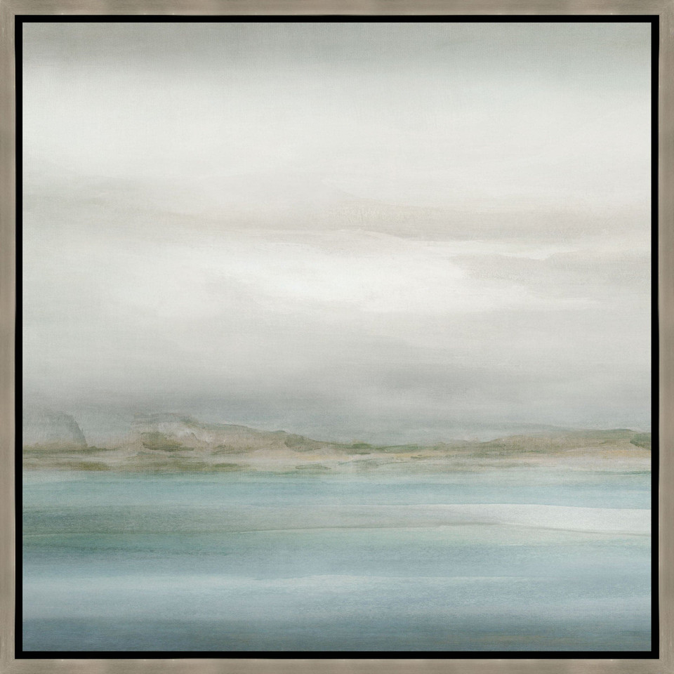 Abstract coastal giclee painting with muted blues, greens, and grays, framed in light wood.