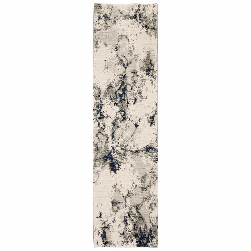 Evolution Contemporary Rug: Ivory, Charcoal & Black runner with natural landscape-inspired design, shiny and matte yarns.