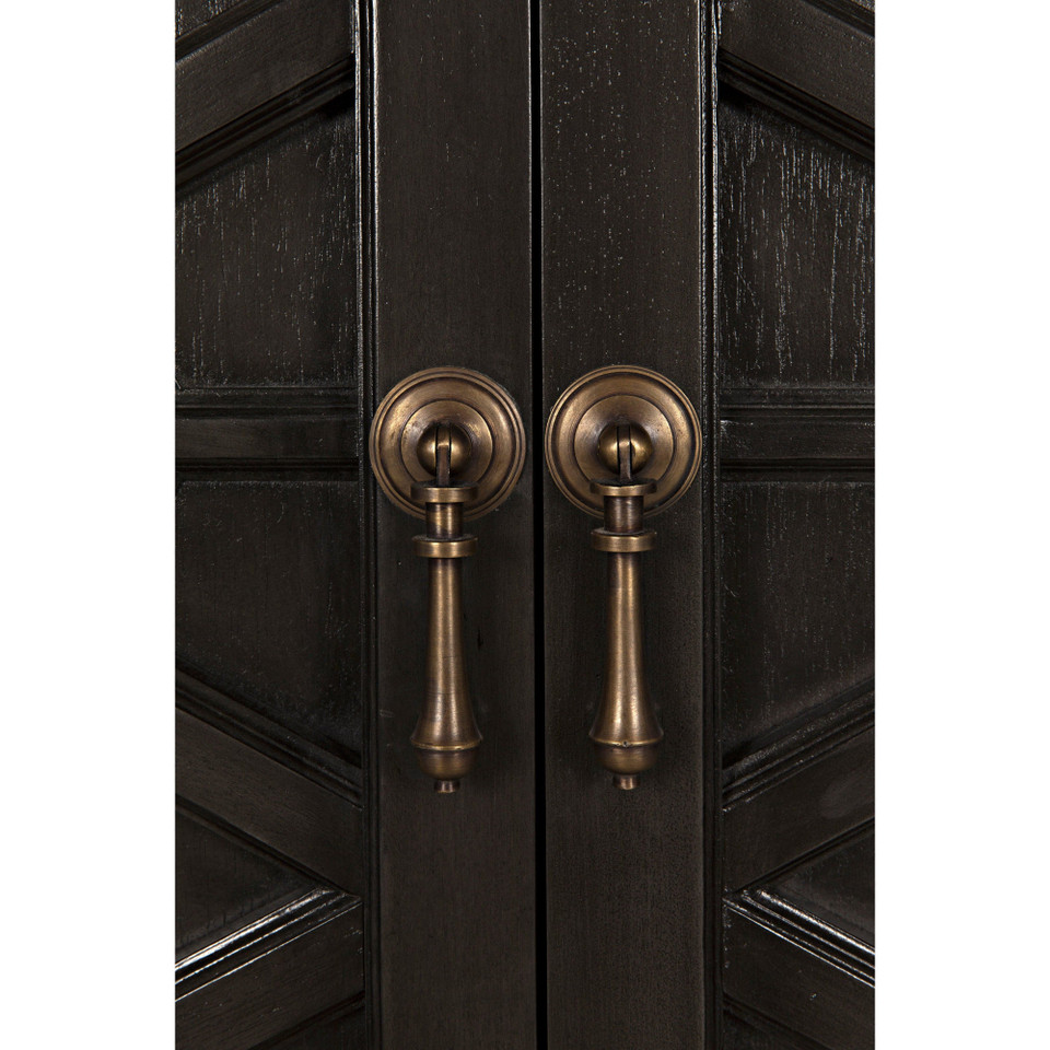 Close-up of a dark burnished mahogany hutch with detailed hand-carving and antique brass drop pull handles.