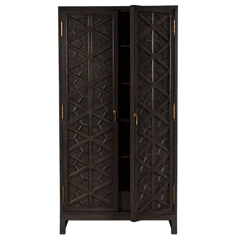 Dark burnished mahogany hutch with intricate hand-carved geometric doors, brass hardware, and open shelves.