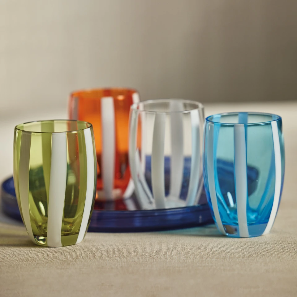 Pesaro Green w/ White Stripes Stemless Glasses, Set 4 - Glass Detail | Bone & Brass