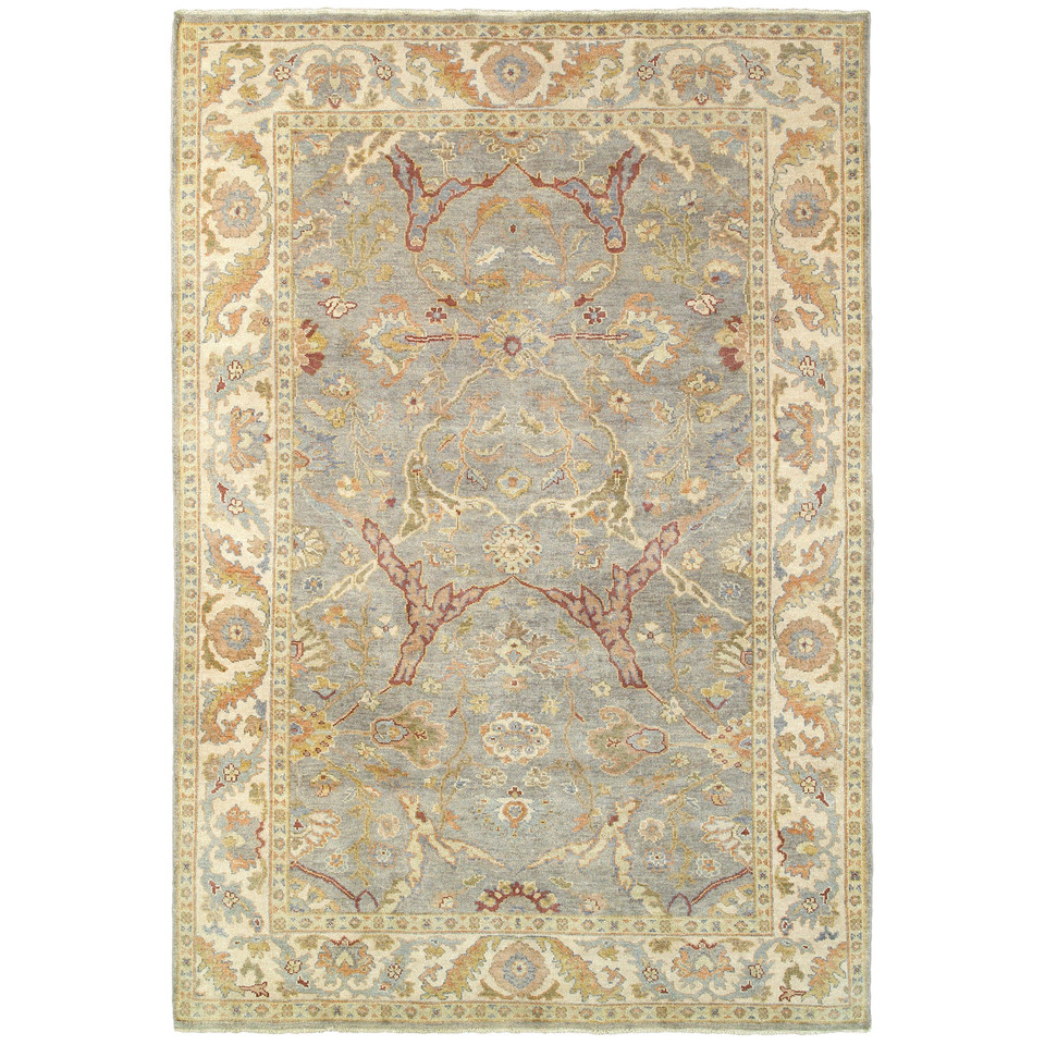 Hand-knotted Palace Grey & Beige Traditional Wool Rug with classic Oushak patterns.