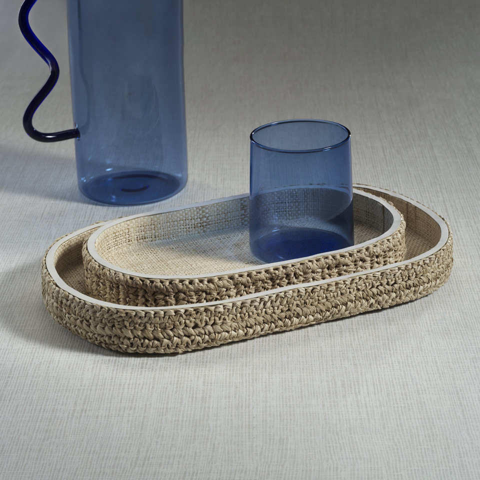 Reggio Loom Oval Raffia Tray with Leather Trim - Tray Side View | Bone & Brass