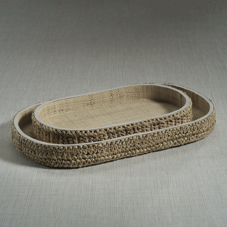 Reggio Loom Oval Raffia Tray with Leather Trim - Tray Top View | Bone & Brass