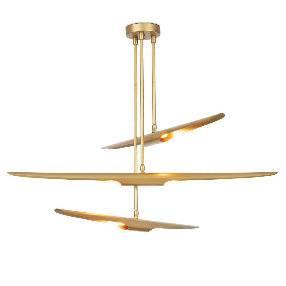 Concorde Chandelier in Natural Brass with triple-tier aerodynamic design and warm glowing lights.