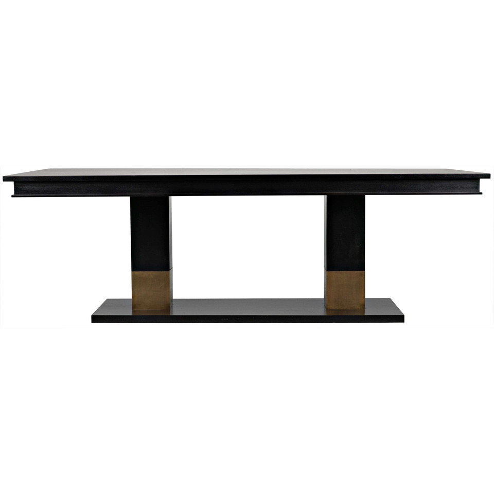 Ravenko black mahogany dining table with rectangular lines and brass leg bands.
