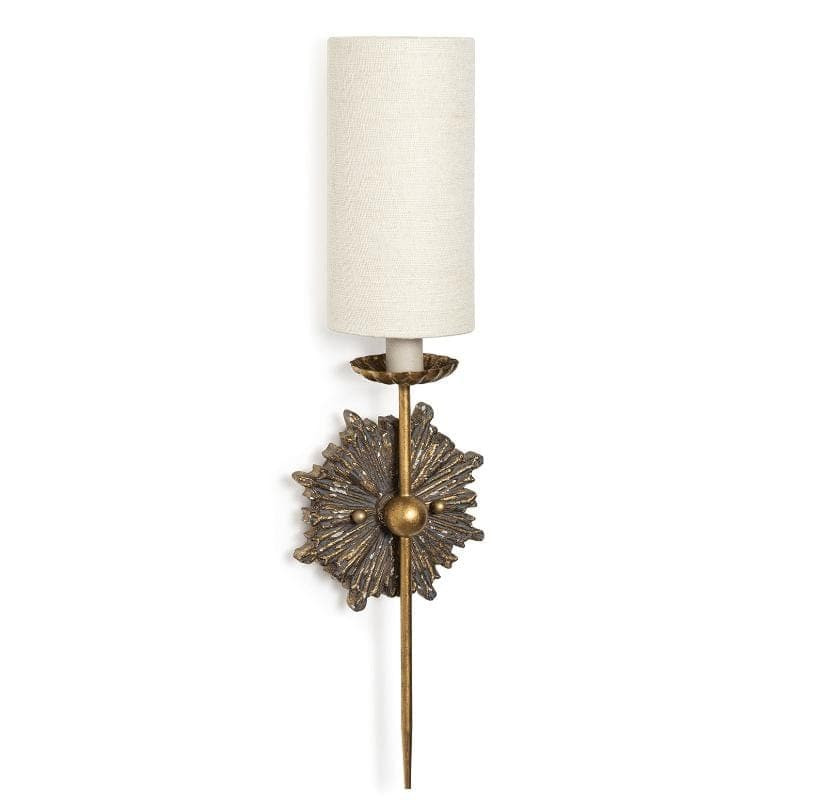 Louis Sconce Single, antique-inspired ornate birch wood body with a linen shade.
