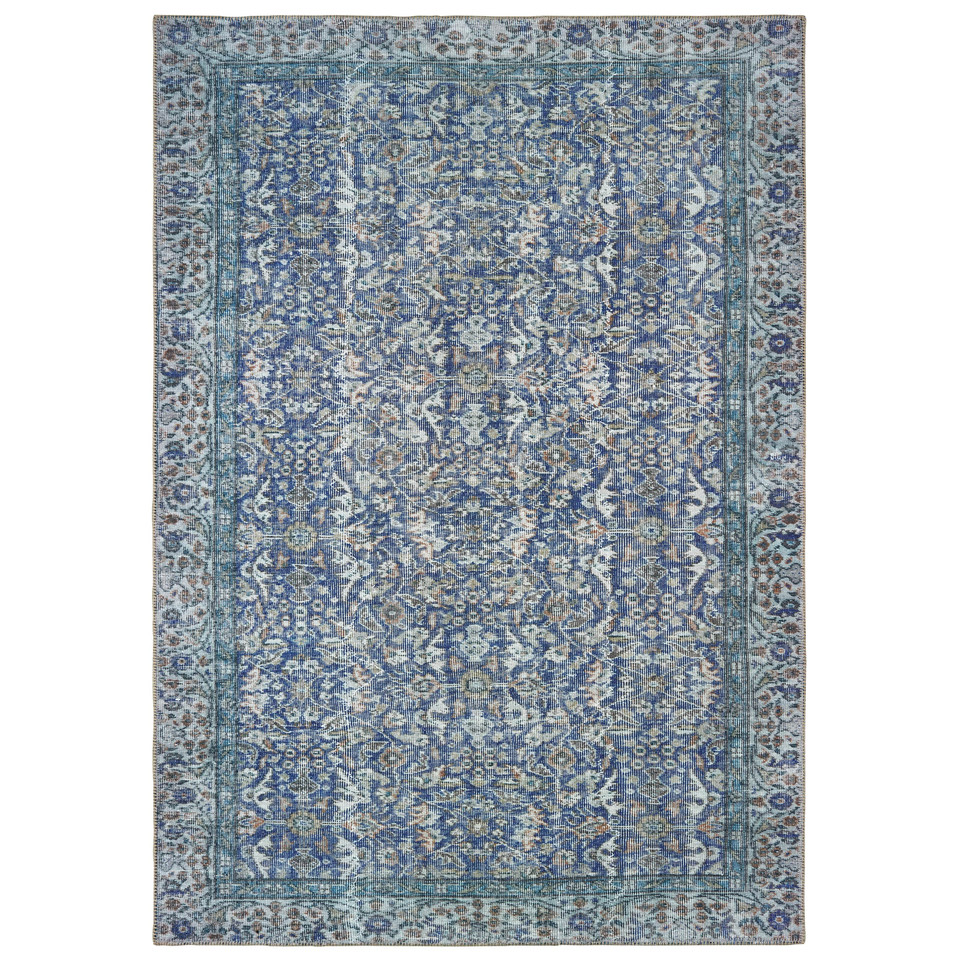Sofia Blue Casual Rug with antique-inspired traditional patterns, machine-woven polyester chenille.