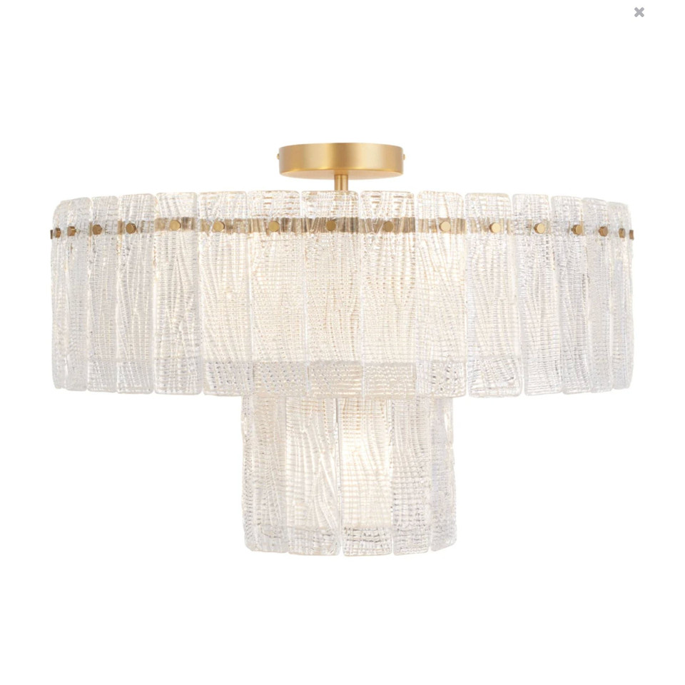 Orinder Aged Brass Semi-Flush Mount Light with two tiers of hand-pressed textured clear glass panels.