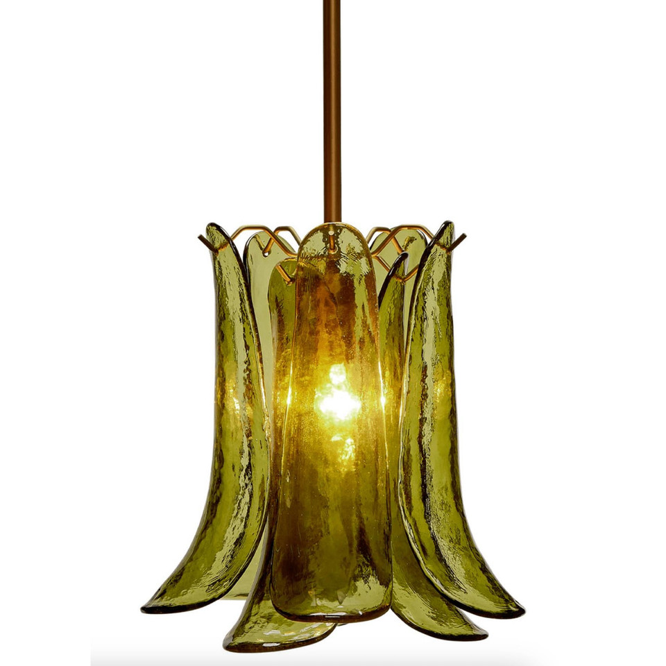 Calla Peridot Green Glass Pendant light with antique brass hardware, featuring a unique flower-inspired design.