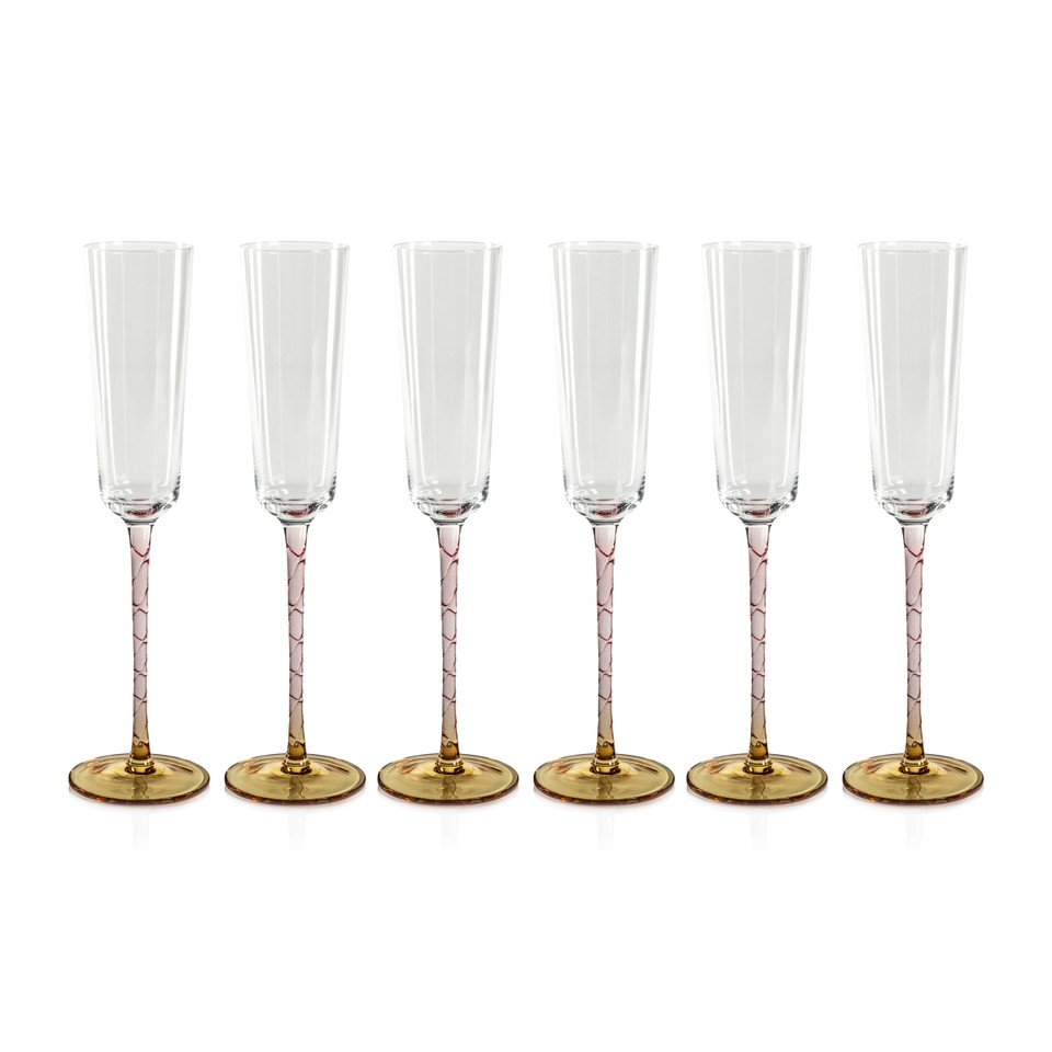 Sachi Amber & Pink Champagne Flutes, Set 6 - Glass Stem Detail | Bone & Brass