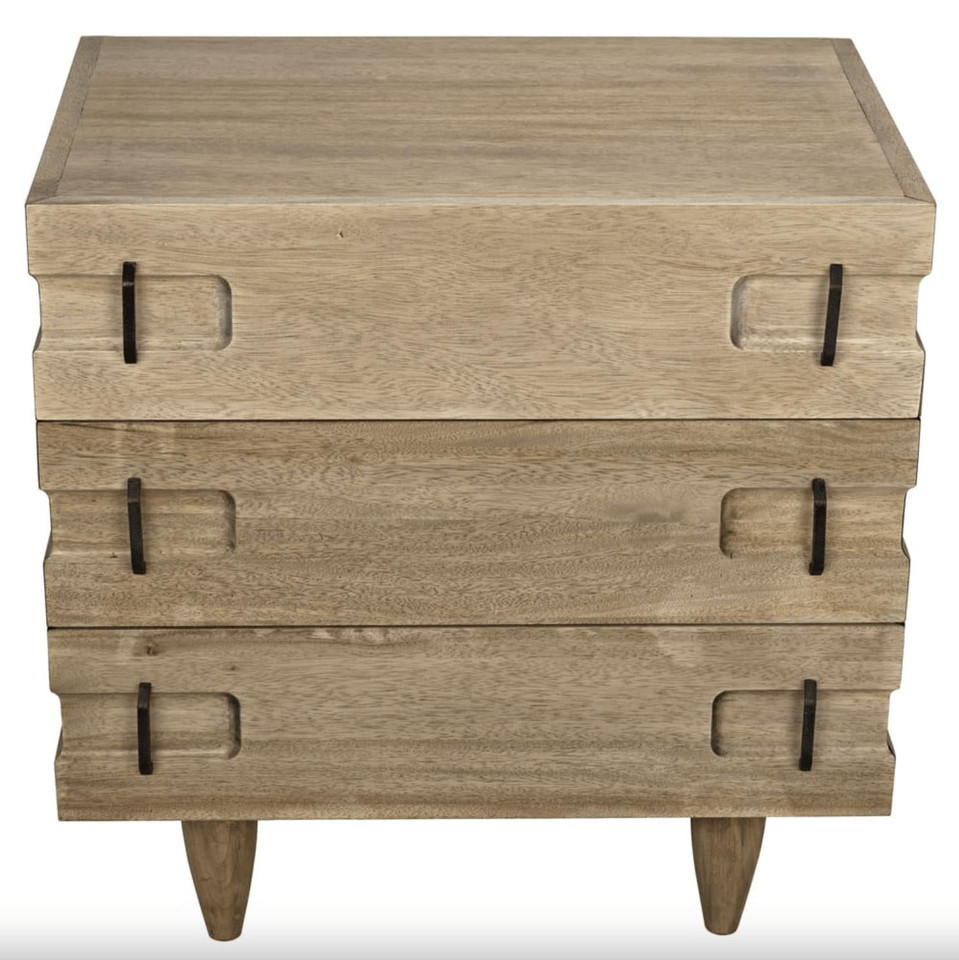 Washed walnut side table chest with three drawers and unique dark metal pulls, on tapered legs.