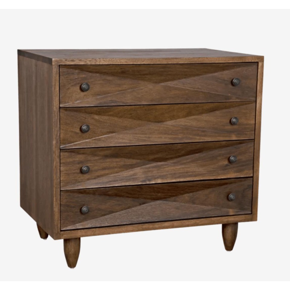 Dark ebony walnut chest with four drawers, diamond carvings, and round knobs.