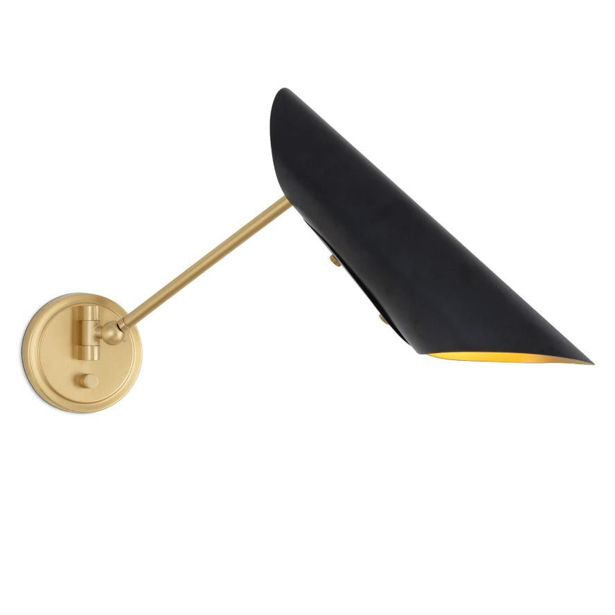Mid-century modern Vest single arm sconce with a blackened brass exterior, natural brass interior, and swing arm.
