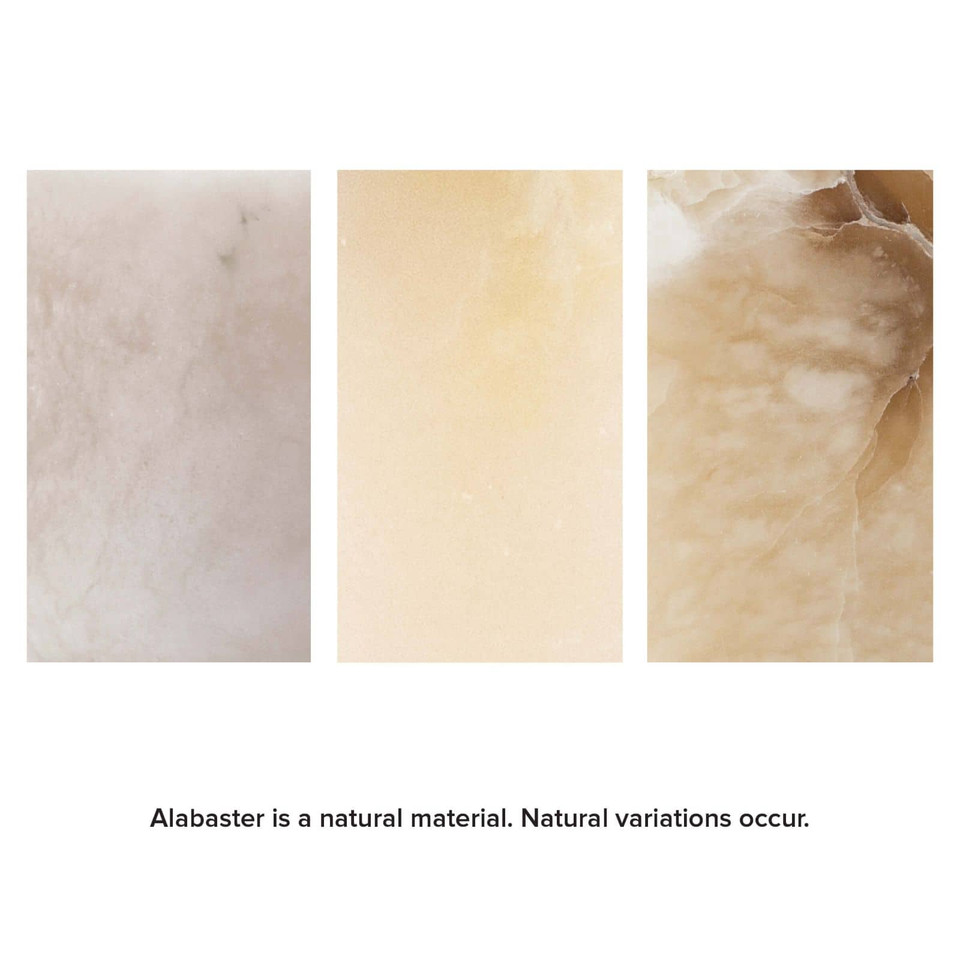 Three rectangular alabaster samples showing natural variations from light white to warm brown tones.