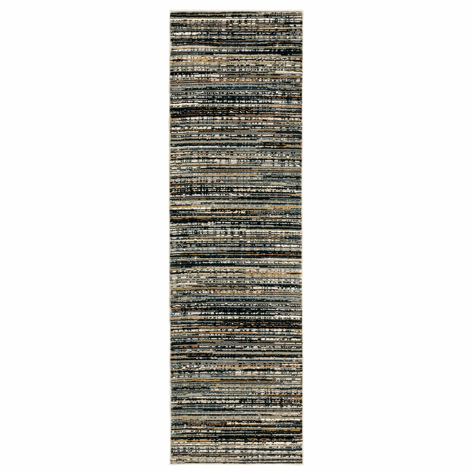 Bowen Black Multi-Colored Abstract Rug, machine-woven polypropylene and polyester blend with horizontal stripes.