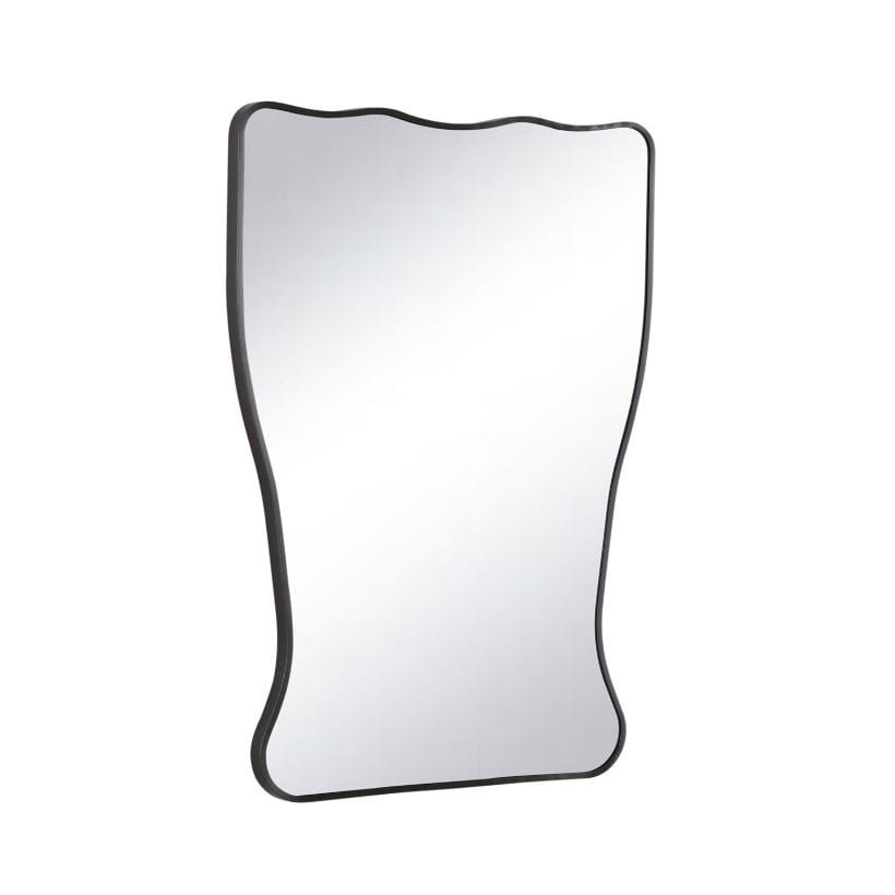 Piero Metal Mirror with a black ribbon-shaped steel frame and vintage Italian design.