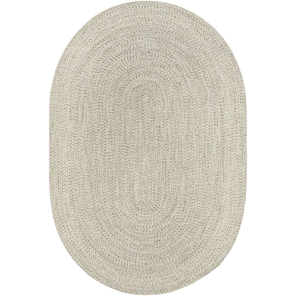 Oval Chesapeake Bay Cream outdoor rug with braided polypropylene texture.
