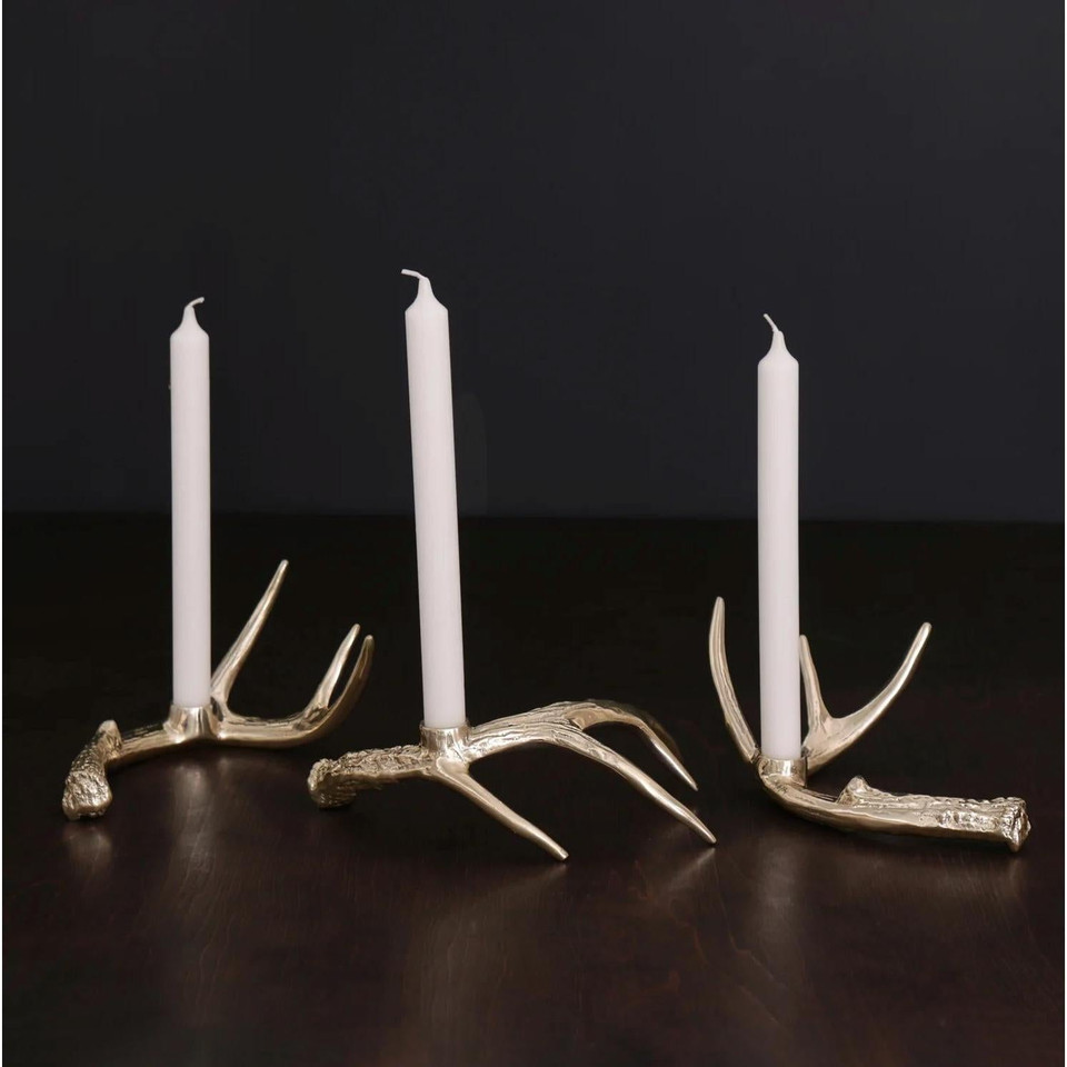 Western Sierra Modern Antler Candlestick Gold Set 3 (Gold) - Candlestick Side View | Bone & Brass