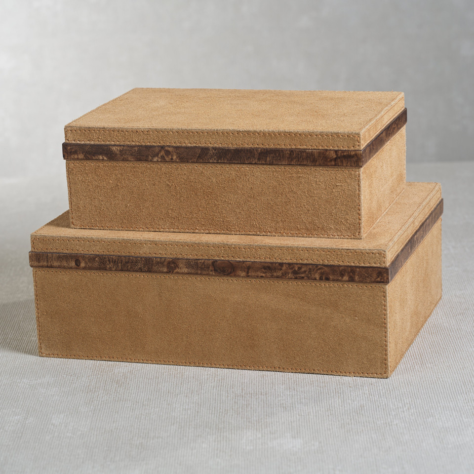 Cortina Suede Decorative Box, Burlwood Trim, Large - Box Top View | Bone & Brass