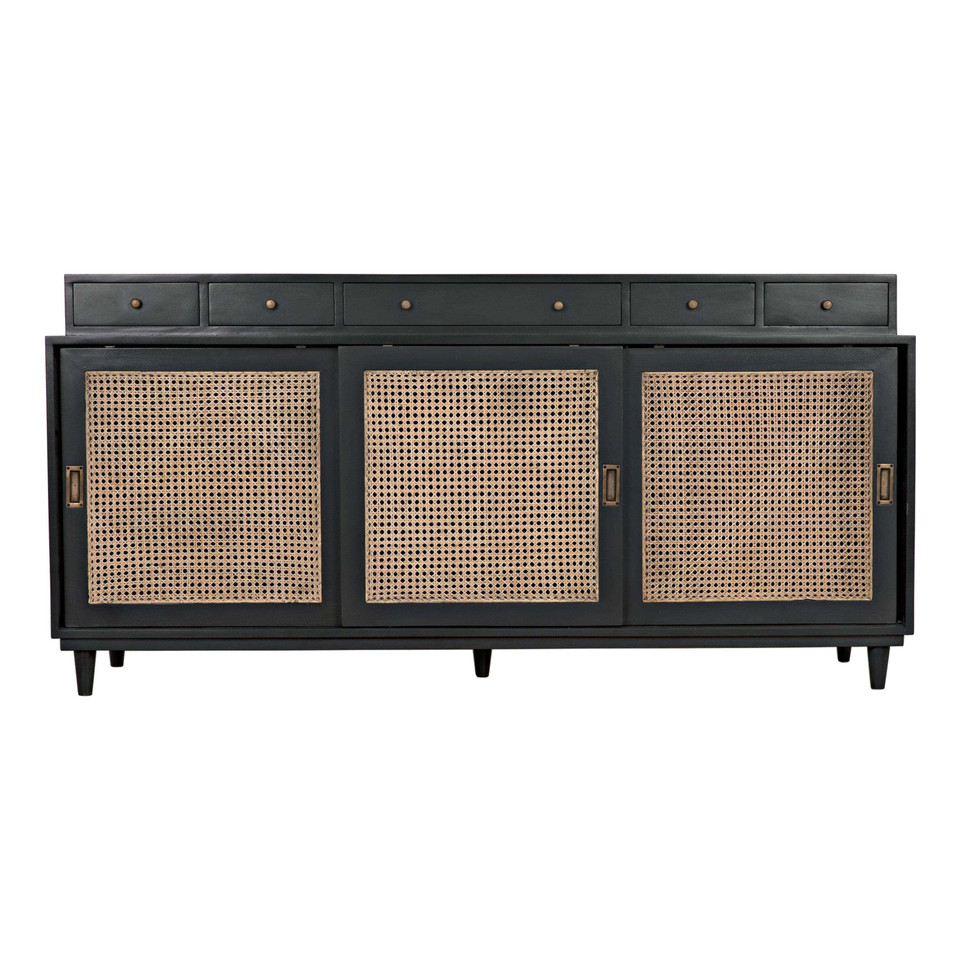 Dark mahogany Hermosa sideboard with caned cupboards, five drawers, and mid-century modern legs.