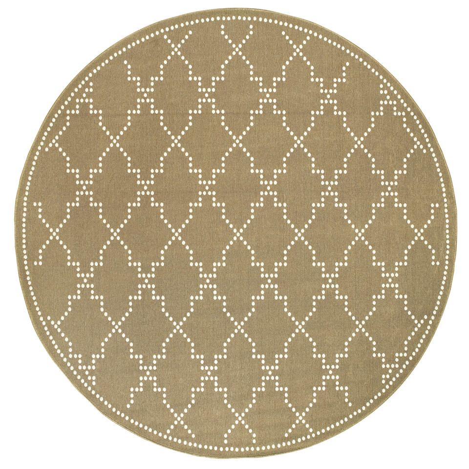 Oval Marina Tan & Ivory Outdoor Rug with white dotted trellis pattern.
