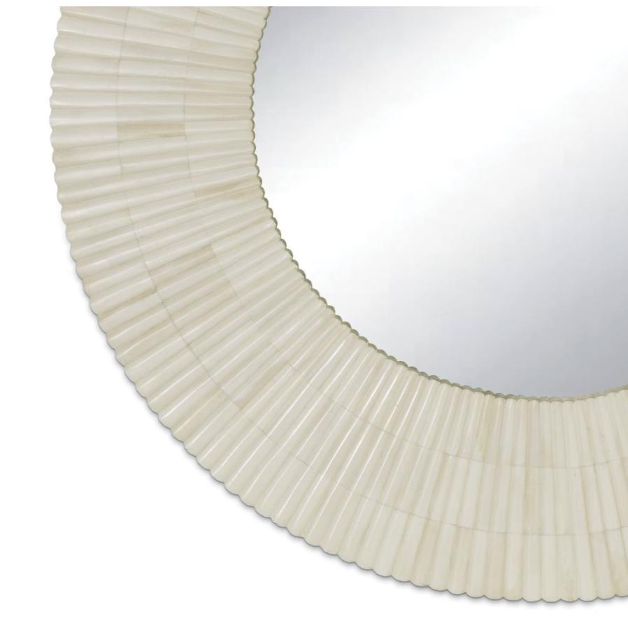 Mirabelle Bone Mirror: round, sunburst design with textured bone accents, 32" diameter.