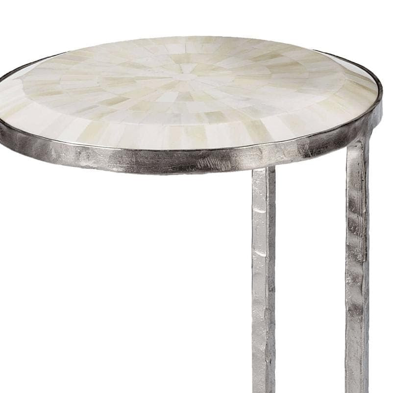Round bone mosaic nesting table with a high-gloss top and polished nickel frame.