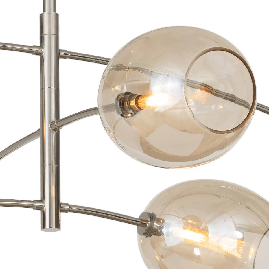 Artemis polished nickel chandelier with open-ended Champagne glass globes and exposed bulbs.