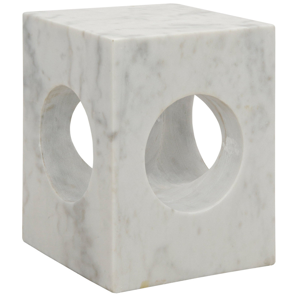 Merlin Square Marble Side Table: White marble cube with natural veining and two circular cutouts.