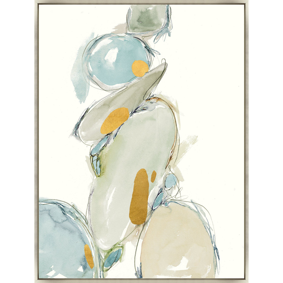 Abstract giclee painting with stacked organic shapes in muted blues, greens, and gold leaf on a white background.