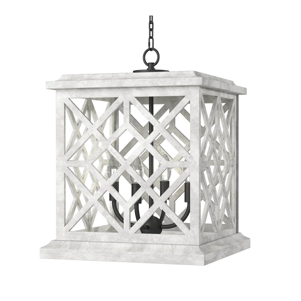 White Chatham Wood Lantern with a lattice pattern, black iron accents, and four candelabra bulbs.