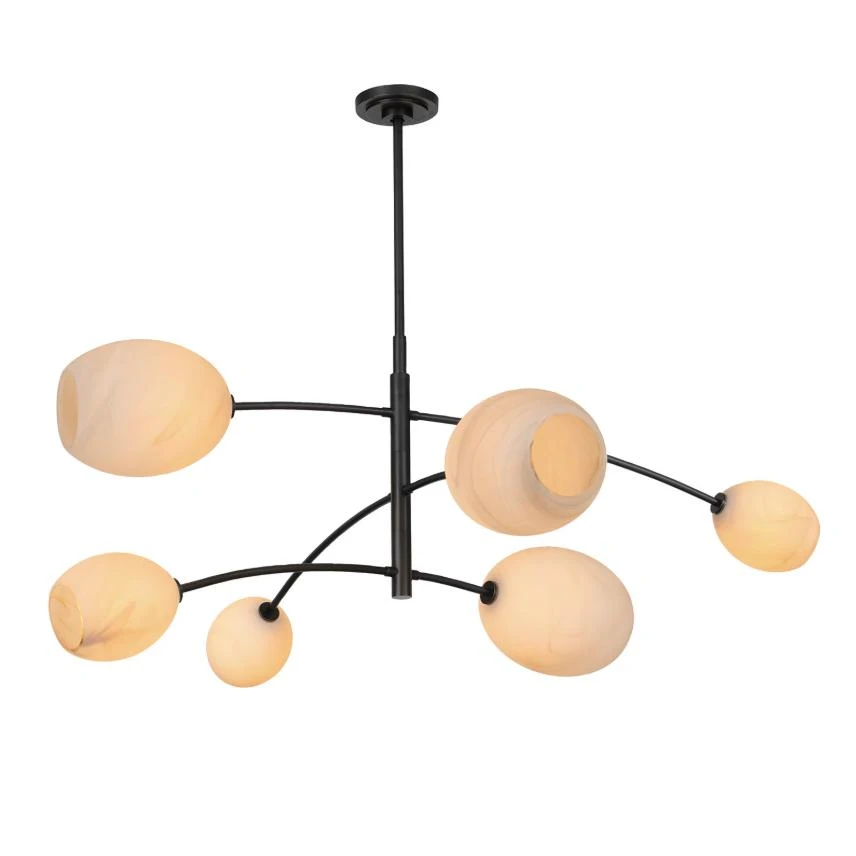 Artemis Chandelier with oil-rubbed bronze frame and six open-ended alabaster-like glass globes.